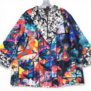Ali Miles Abstract Art Jacket XL Multicolor Open Front Statement Layer Lagenlook